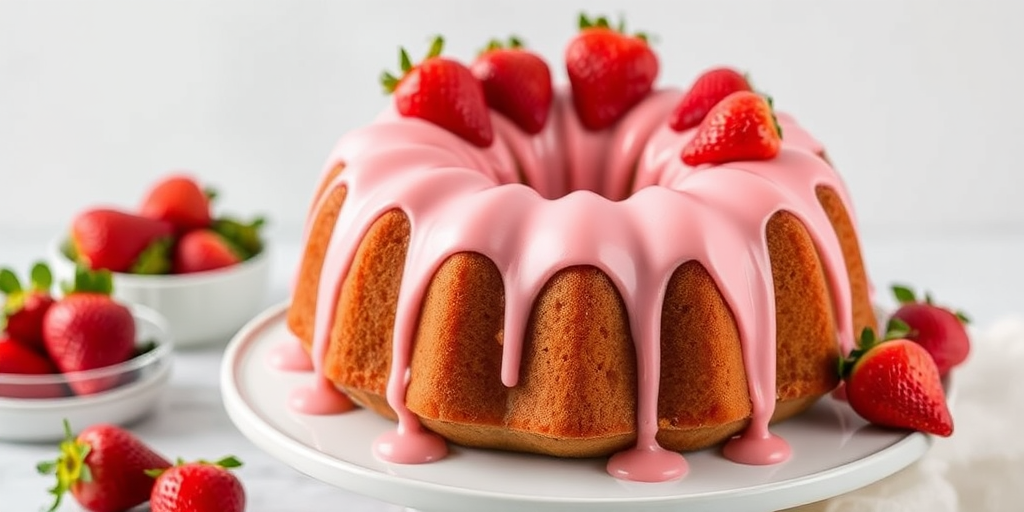 A beautifully decorated bundt cake with a smooth pink strawberry frosting drizzled over the top and adorned with fresh strawberries, set against a light background with additional strawberries in a bowl.