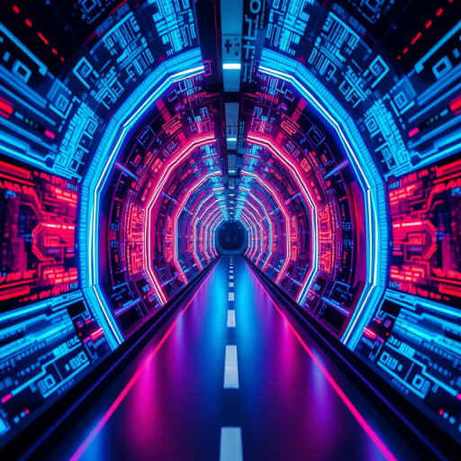 futuristic digital tunnel with glowing blue and red data streams, 50mm lens, f/2.8 aperture, ISO 100, long exposure, low angle view, high dynamic range imaging, captured with a DSLR camera