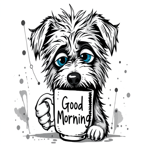 A quirky, artistic illustration of a disheveled poogle dog breed with exaggerated, large eyes and spiky fur, holding a coffee mug that reads "Good Morning". The dog has a tired but humorous expression, with ink splatters and abstract details surrounding it, giving a whimsical feel to the image. The color palette is mostly monochrome with hints of blue in the eyes and steam rising from the mug, enhancing the overall sleepy vibe