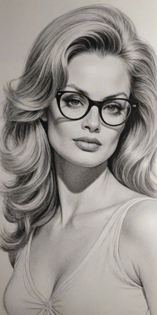 Stunning Beverly D'Angelo, pencil sketch, portrait of Wonderful woman 1961s in glasses, hair style beatnik, outline, clear lines, fine lines, 8k