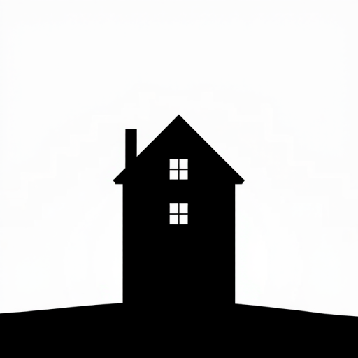 Regenerate the image of a minimalist black house silhouette against a white background, use a Canon EOS R5 camera with a 24-70mm f/2.8 lens, set aperture to f/5.6, shutter speed to 1/200s, ISO 100, capture from a slight low angle for depth, and apply natural lighting to enhance contrast and clarity.