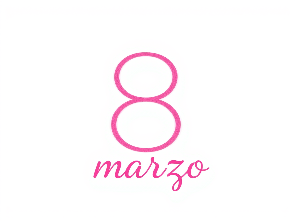 Create a minimalist design featuring the number "8" in bold pink with the word "marzo" in elegant cursive below it on a white background, shot with a DSLR camera at f/2.8, ISO 100, and a 50mm lens, using a flat lay perspective for enhanced clarity and detail.