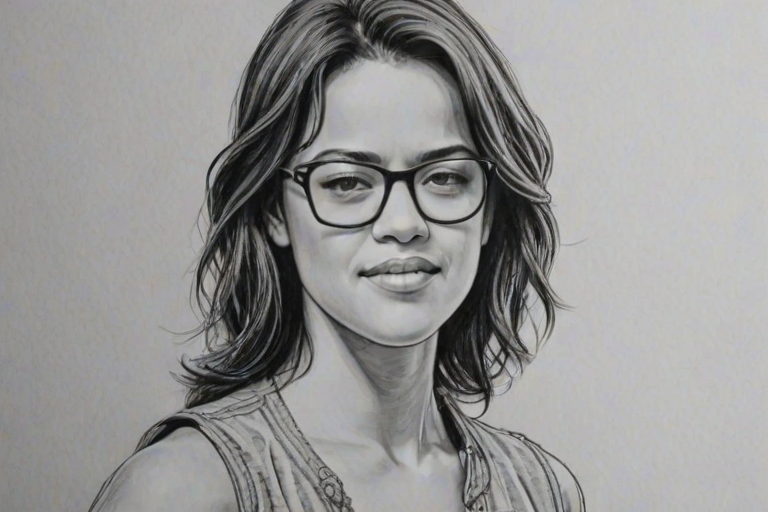 Beauteous Michelle Rodriguez, pencil sketch, portrait of Appealing woman 1955s in glasses, hair style beatnik, outline, clear lines, fine lines, 8k