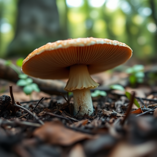 Mushroom in a forest setting, close-up, shallow depth of field, f/2.8, 1/200s, ISO 100, natural lighting, DSLR, macro lens, vibrant colors and details.