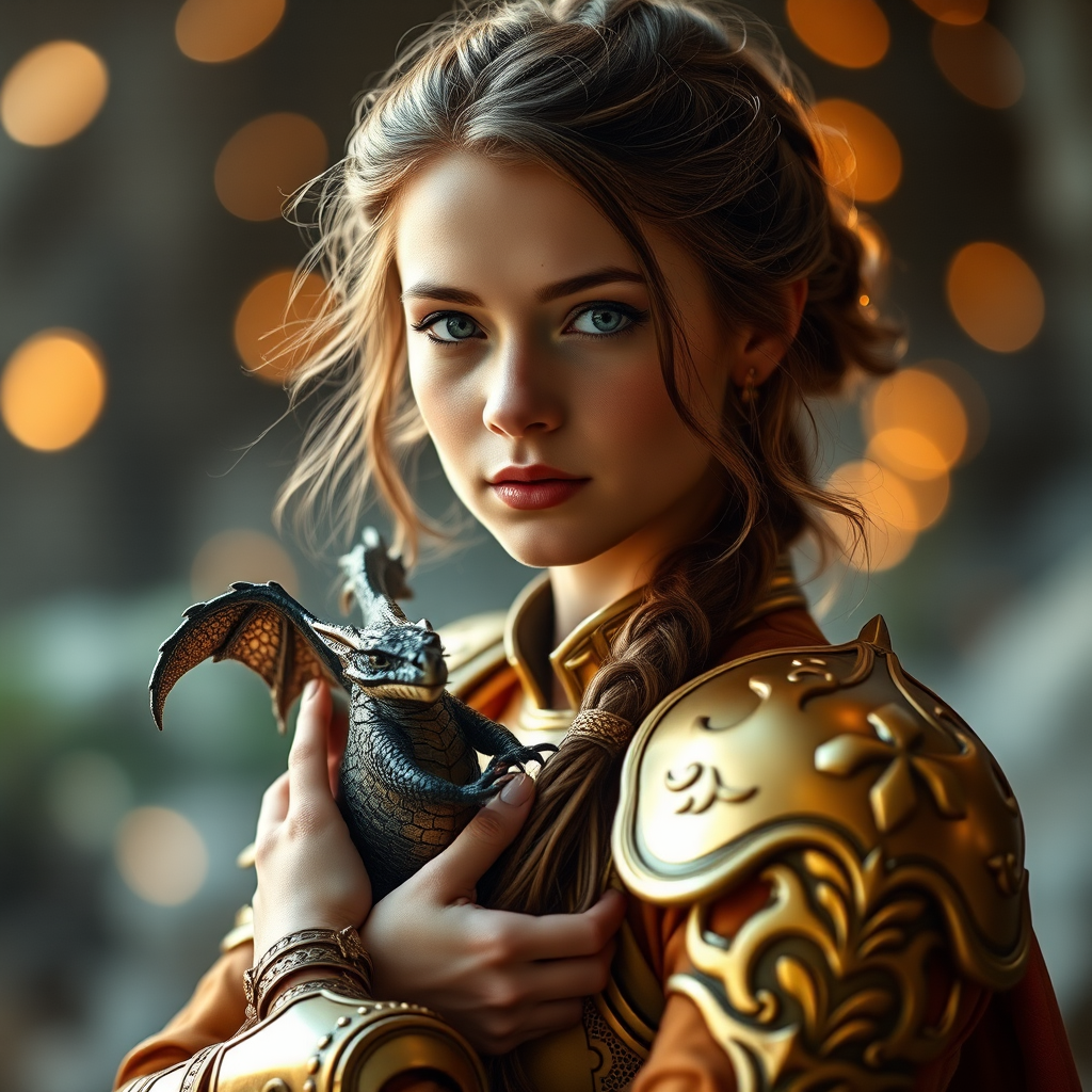portrait of a young woman in golden armor holding a small dragon in a mystical setting, soft focus background with warm bokeh lights, aperture f/1.8, ISO 200, shutter speed 1/125, DSLR camera with a 50mm lens, natural lighting
