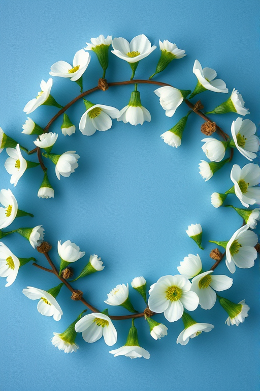 create a circular floral design featuring white flowers like snowdrops and hellebores on a solid blue background, shot with a DSLR camera at f/4.5, ISO 100, 50mm lens, top-down view, soft focus style for enhanced softness and clarity