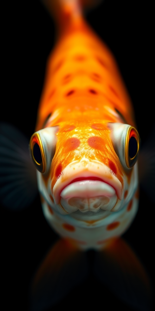 Regenerate a close-up shot of a brightly colored fish with orange and black spots on a pure black background, using a DSLR camera, focal length 100mm, aperture f/2.8, ISO 200, and soft diffused lighting for enhanced detail and clarity.