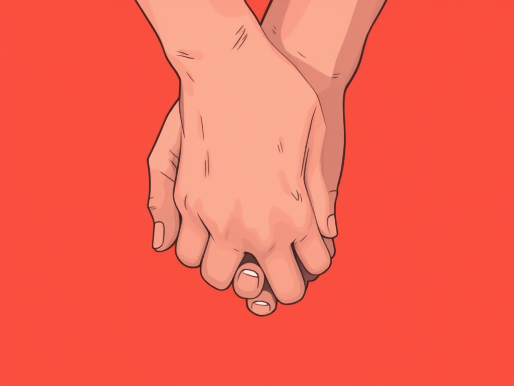 Create an illustration of two hands clasping each other on a solid coral background, using a digital art style with a soft focus effect, simulated shallow depth of field, and a high-resolution setting of 300 DPI for clarity.