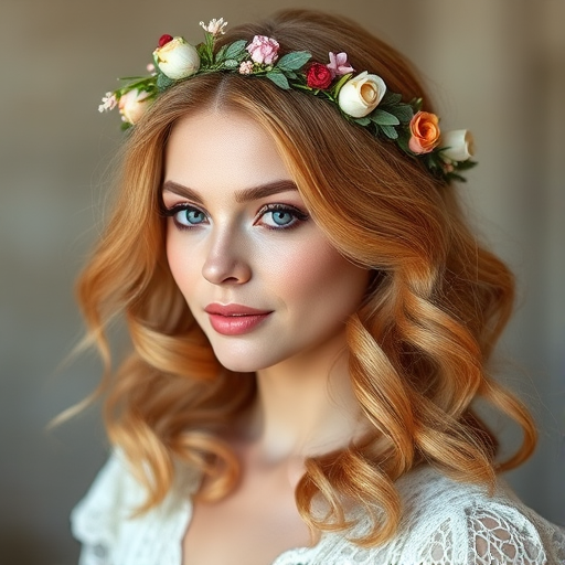 Romantic loose curls in strawberry blonde, adorned with a delicate floral crown and face-framing wisps, creating a soft and ethereal bridal-inspired style