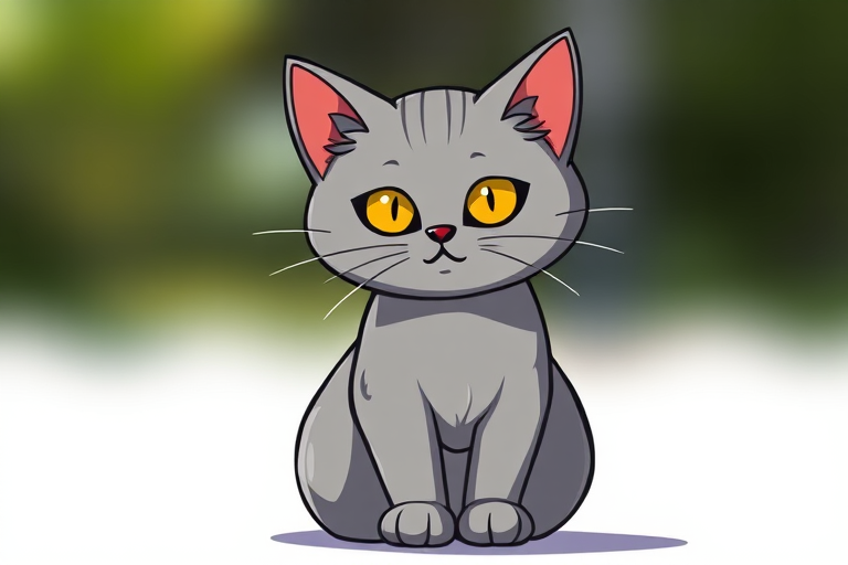 Create a high-resolution illustration of a stylized gray cat with yellow eyes sitting upright, using a soft focus lens at f/4, 50mm focal length, in natural daylight for enhanced color vibrancy and clarity.
