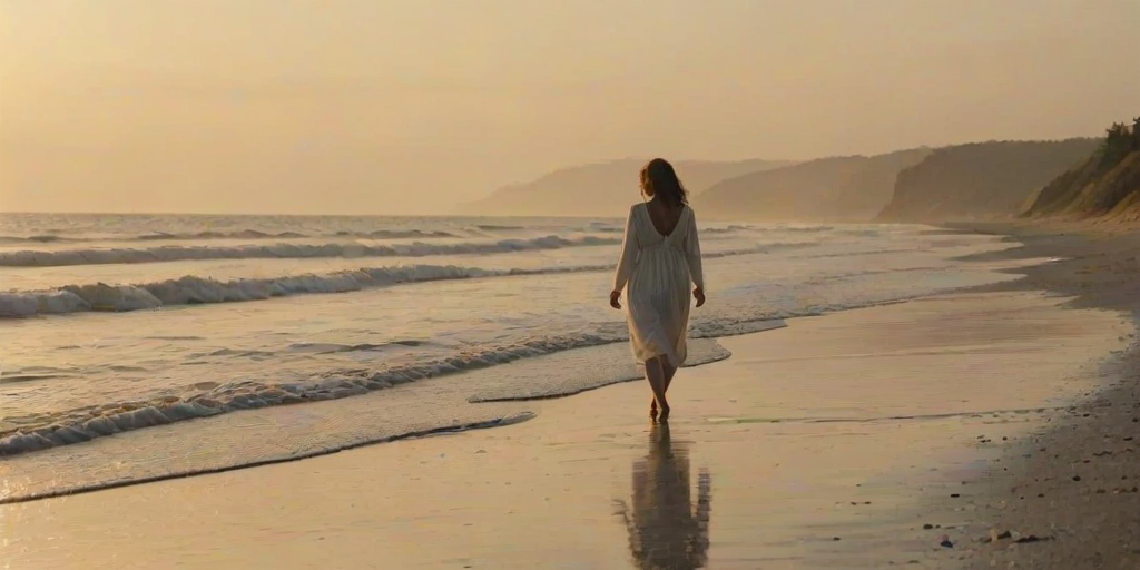 Deserted beach at sunrise, waves gently lapping against the shore, a woman in a light summer dress walks along the water's edge, her bare feet leaving faint impressions in the wet sand.