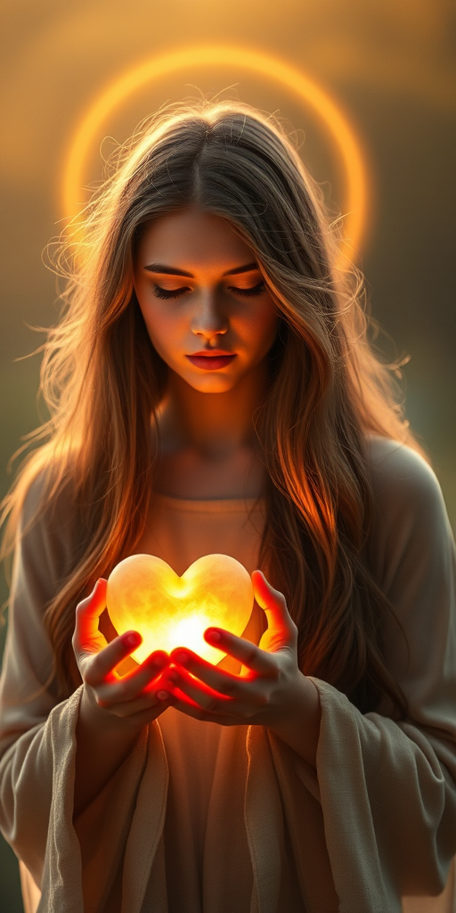 Generate an image of a serene figure with long hair and a glowing heart in their hands, using a Canon EOS R5 with a 50mm f/1.2 lens at ISO 100, aperture f/1.2, 1/200 sec exposure, soft golden lighting, and a ethereal halo effect.