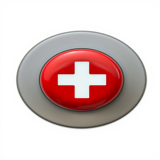 Create a high-resolution image of a large red circular button with a white cross in the center, taken with a DSLR camera at f/2.8 aperture, 50mm lens, 1/100 sec shutter speed, shot in natural light from a front view with a clean background.