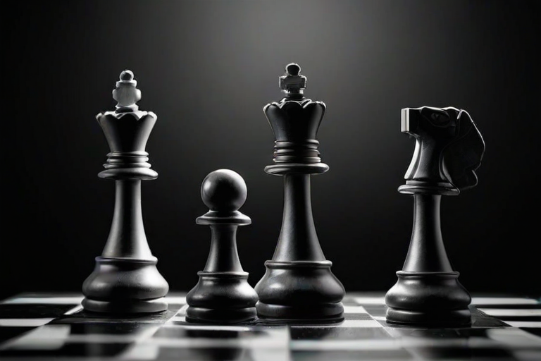 create a visually striking image of chess pieces in mid-air with a dark background, showcasing a mix of black and white pieces randomly suspended in space with a sense of motion and depth