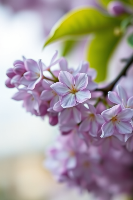 Close-up shot of lilac flowers on a branch, soft focus background, natural light, ISO 100, aperture f/2.8, shutter speed 1/250s, macro lens, DSLR camera.
