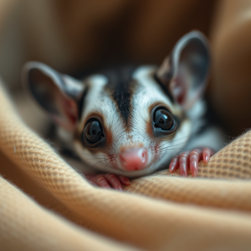 close-up portrait of a sugar glider nestled in soft fabric, shallow depth of field, f/2.8 aperture, 50mm lens, natural light, macro photography, DSLR camera
