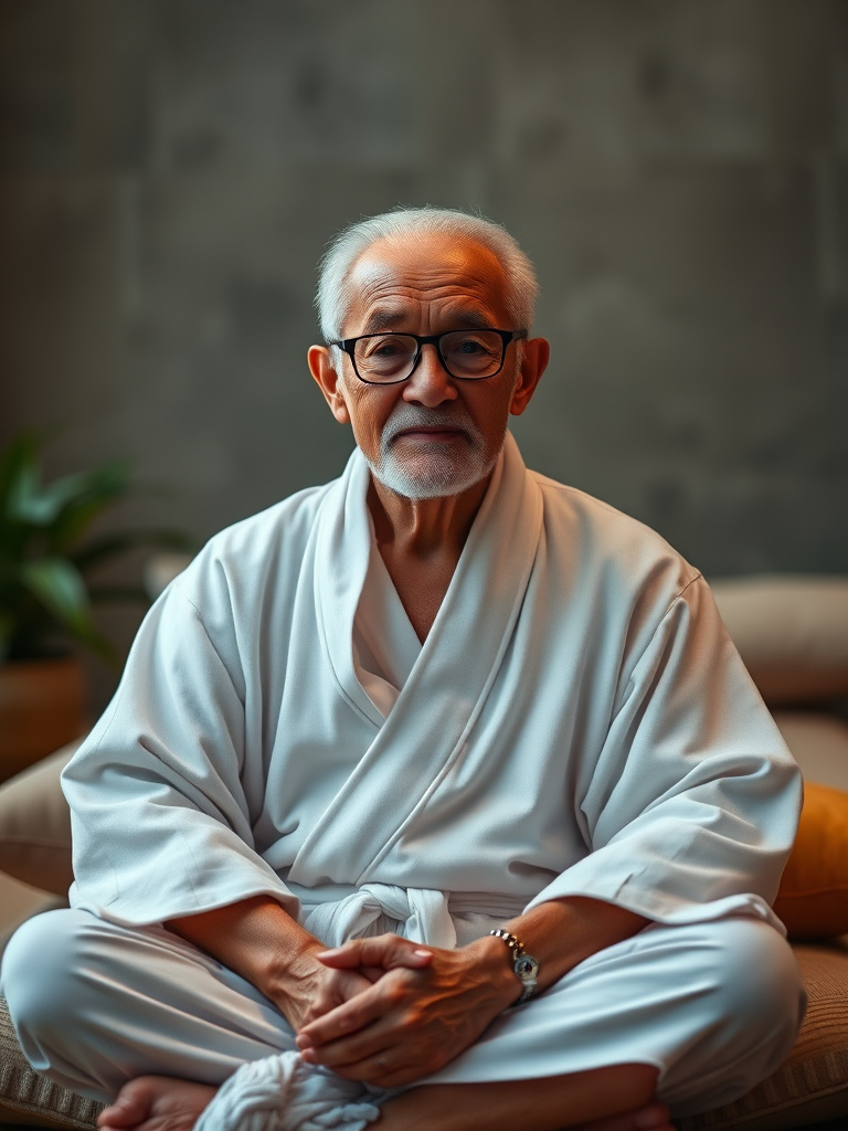 Generate a hyper-realistic portrait of a serene elderly man with glasses, wearing a simple white robe, sitting cross-legged on cushions, with soft ambient lighting and a blurred background, using a 50mm lens, f/1.8 aperture, ISO 100, and a Canon EOS R5 to enhance image quality.