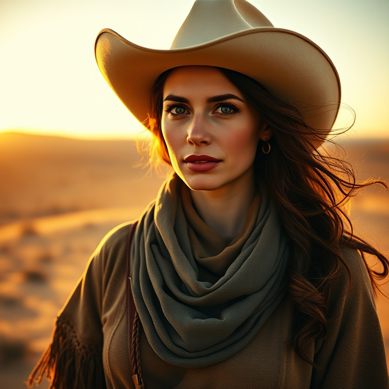 Dramatic photo of a beautiful Sami woman, classic cowboy attire, confident and free spirit expression, half-length portrait, centered, golden hour desert landscape, warm, diffused light, low angle, medium format film camera, in style of Annie Leibovitz.