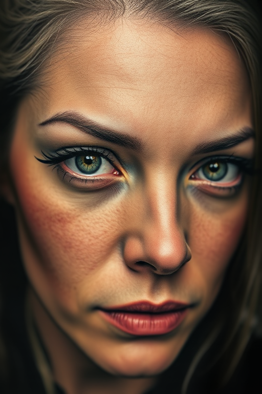 Photorealistic color portrait tattoo named "Timeless Gaze" depicting a lifelike human face with incredible attention to detail in skin texture hair strands and subtle facial features using a soft color palette and advanced shading techniques to create a three-dimensional effect that appears to emerge from the skin with hyper-realistic eyes that seem to follow the viewer