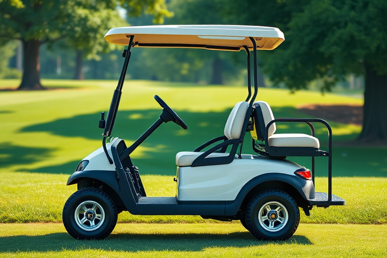 Create a high-resolution vector-style illustration of a golf cart from a side view, using a Canon EOS 5D Mark IV with a 50mm lens at f/2.8, ISO 100, and natural lighting for enhanced detail and color vibrancy.