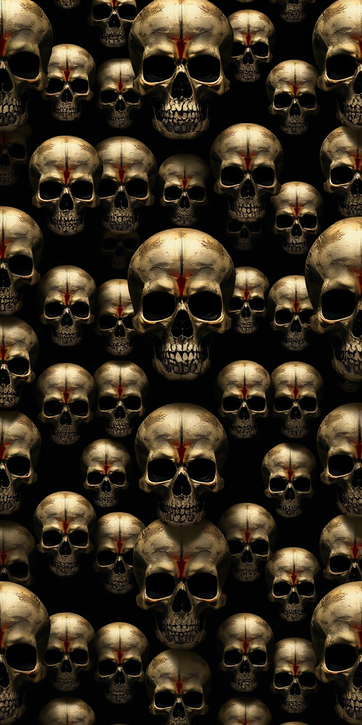 Create a highly detailed repeating pattern of intricately designed skulls arranged in a grid format on a dark background, using a Canon EOS 5D Mark IV camera with a 50mm f/1.8 lens, aperture set to f/8 for greater depth of field, ISO at 100 for minimal noise, and a slight vignette effect for a dramatic look.