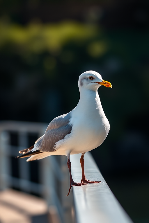 a close-up shot of a seagull perched on a railing under natural sunlight, using a Canon EOS 5D Mark IV with a 70-200mm lens, aperture set at f/4, shutter speed at 1/500s, ISO 200, in portrait orientation to enhance image clarity and detail