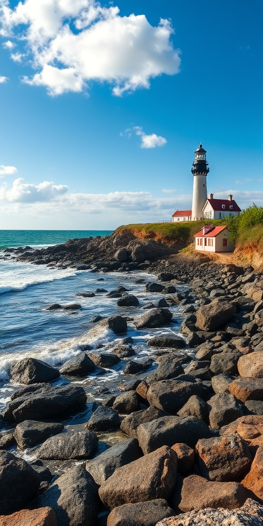 a scenic coastal view of a lighthouse on a rocky beach with waves crashing against the shoreline, shot with a Canon EOS R5 at f/8, ISO 100, 24mm lens, wide-angle perspective, vivid colors and high dynamic range, clear blue sky with scattered clouds