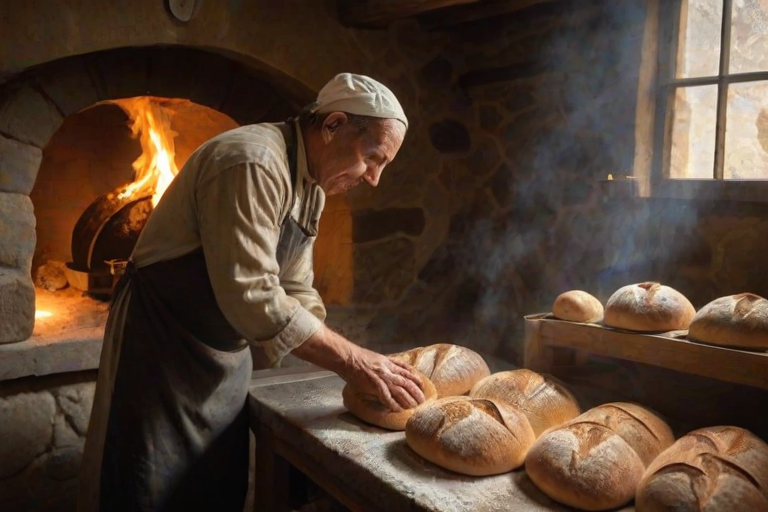 Warmly lit photo of a baker pulling fresh loaves of bread from a stone oven, steam rising from the golden crusts, flour dusting the countertops, soft morning light pouring through a small window, the smell of fresh bread filling the air.