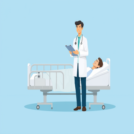 A digital illustration of a doctor in a white coat holding a clipboard standing next to a patient lying on a hospital bed, blue background, camera settings: ISO 100, aperture f/8, focal length 50mm, shot in a flat lay style with soft focus for a professional medical aesthetic.
