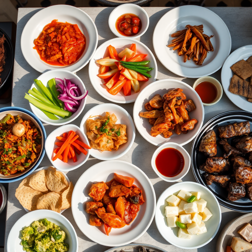 Generate an image of a beautifully arranged Korean feast with vibrant flavors, featuring plates of kimchi, pickled vegetables, and grilled meats, captured with a Canon EOS R5, 50mm f/1.2 lens, ISO 100, aperture f/2.8, natural lighting from the side for soft shadows and enhanced colors.