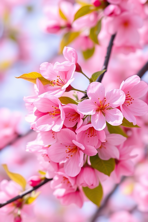 a close-up of pink cherry blossoms on a tree branch with soft petals and green leaves against a bright background