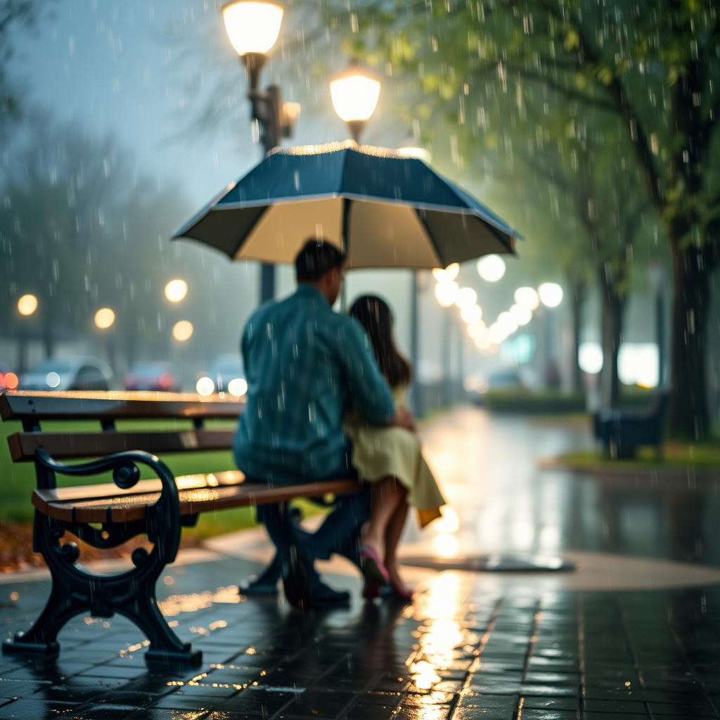 Blurry candid shot of a couple sitting on a park bench under an umbrella, soft light from nearby street lamps reflecting off the wet pavement, with raindrops softly falling around them.
