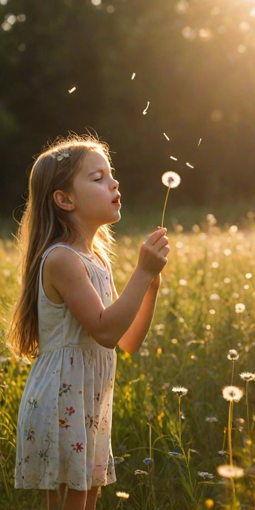 Soft-focus image of a young girl blowing dandelion seeds into the air in a sunlit meadow, soft golden light from the setting sun illuminating the floating seeds and wildflowers.