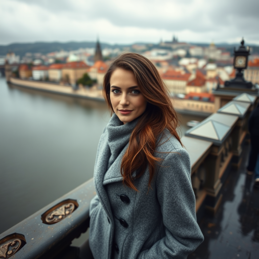 cinematic photo from above, waist up shot, sharp focus, a beautiful woman in foreground, in Prague, at the Charles Bridge, river in background, overcast rainy day, wearing long grey wool coat, warm rich color palette