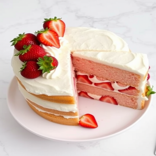 A beautifully decorated three-layer strawberry cake with whipped cream frosting and fresh strawberries on top with a slice cut out to show the inside layers filled with strawberries and cream on a white plate against a light marble background.