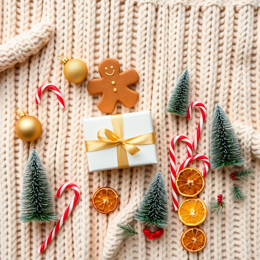 Create a cozy holiday-themed flat lay featuring a knitted beige blanket with decorative elements such as gingerbread cookies, a white gift box with a gold ribbon, a golden bauble, red and white candy canes, miniature pine trees, and dried orange slices arranged neatly to evoke a warm festive atmosphere.