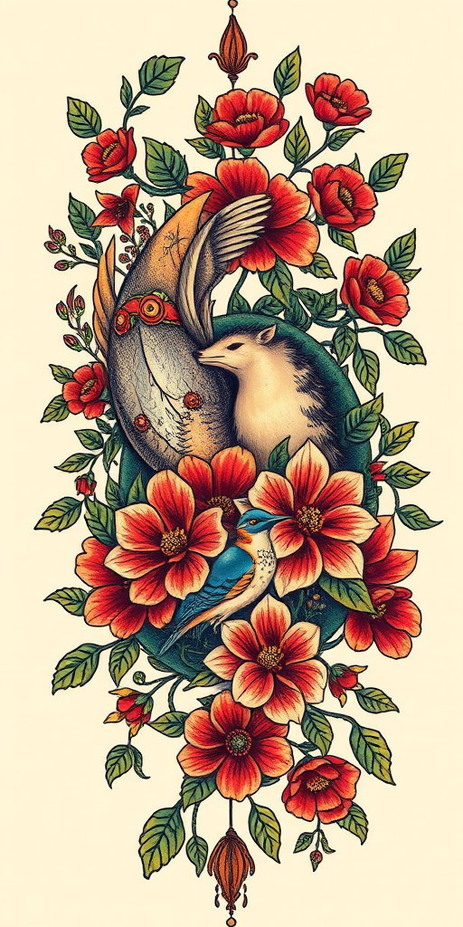 Neo-traditional tattoo piece titled "Nature's Embrace" combining elements of traditional and modern styles to create a bold stylized design of intertwining vines flowers and animals with rich saturated colors