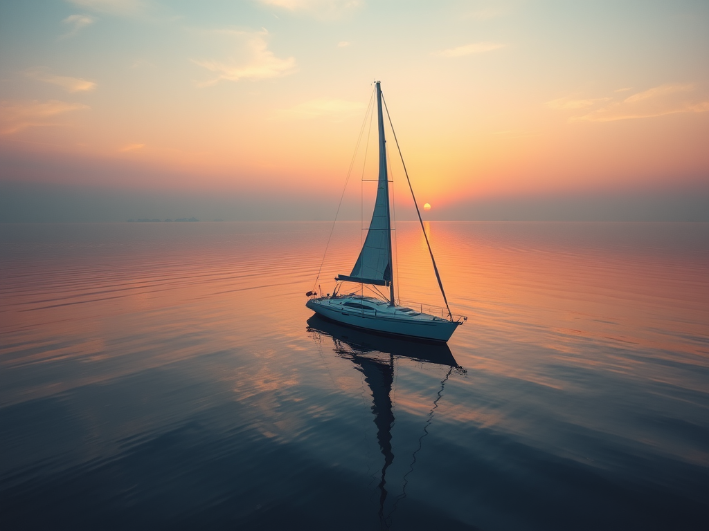 sailboat on calm water at sunrise, soft pastel colors in the sky, reflectiveness of water, ISO 100, f/8, 1/250 sec, 50mm lens, wide-angle view, DSLR camera, high resolution