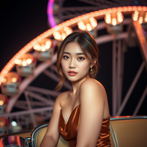 Attractive photo of woman:Taiwanese:0.4, highlight hair, wearing Bronze dress, sitting on Ferris wheel car, rim lighting, studio lighting, looking at the camera, dslr, ultra quality, sharp focus, tack sharp, dof, film grain, Fujifilm XT3, crystal clear, 8K UHD, highly detailed glossy eyes, high detailed skin, skin pores