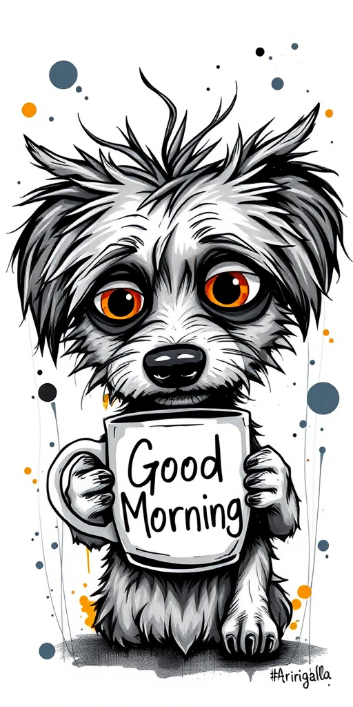 A quirky, artistic illustration of a disheveled cirneco delletna with exaggerated, large eyes and spiky fur, holding a coffee mug that reads "Good Morning". The dog has a tired but humorous expression, with ink splatters and abstract details surrounding it, giving a whimsical feel to the image. The color palette is mostly monochrome with hints of orange in the eyes and steam rising from the mug, enhancing the overall sleepy vibe