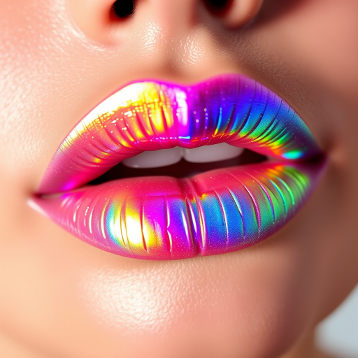 Holographic lip topper transforms a neutral lip base into a captivating display of rainbow hues, shifting colors as light reflects off the lips' surface