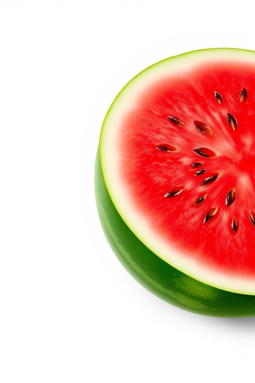 Create a high-resolution illustration of a fresh watermelon with a cut showing its vibrant red flesh and seeds, set against a clean white background, using a digital camera with a 50mm lens, aperture f/8, ISO 100, and a soft natural light source for enhanced detail and texture.