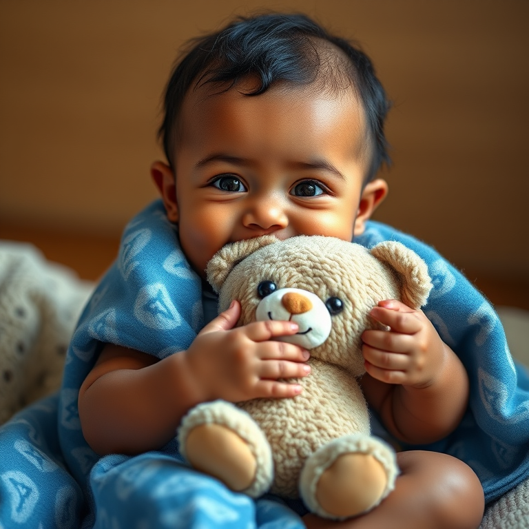 Create a digital illustration of a baby with brown skin holding a teddy bear and a blue patterned blanket, in a cozy and playful style, using a Canon EOS R5 with a 50mm f/1.2 lens at f/2.8, with soft natural lighting and a shallow depth of field for a warm, inviting atmosphere.