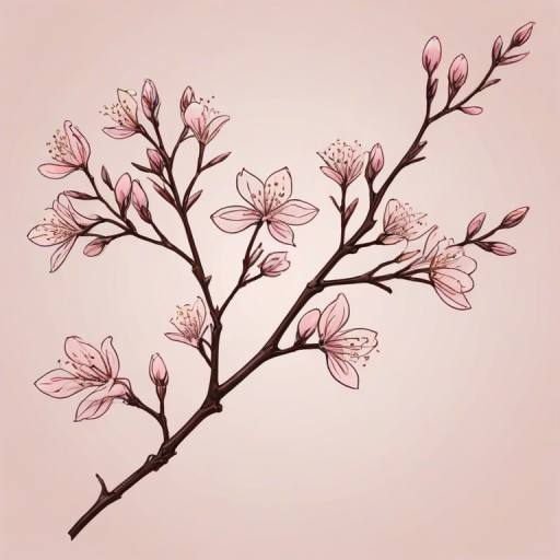 create a simple line drawing of a tree branch with budding flowers in a soft pink color on a transparent background