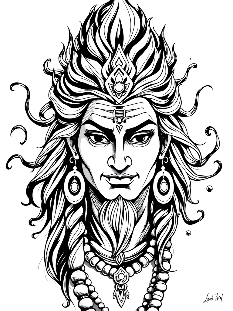 Create a high-contrast black and white illustration of Lord Shiva with intricate line work and flowing ink patterns, using a Canon EOS R5 with a 50mm f/1.2 lens, aperture f/8, ISO 100, and a shallow depth of field for a crisp focus on the details.