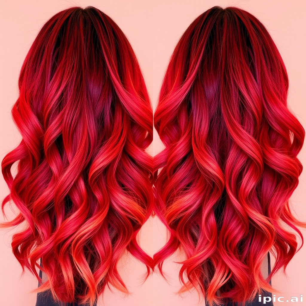 Fiery crimson ombre fades into warm coral tips, styled in voluminous beach waves that evoke the image of a breathtaking sunset, radiating warmth and passion.