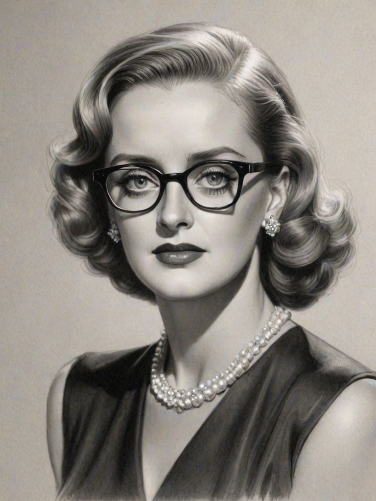Ravishing Bette Davis, pencil sketch, portrait of Elegant woman 1939s in glasses, hair style beatnik, outline, clear lines, fine lines, 8k