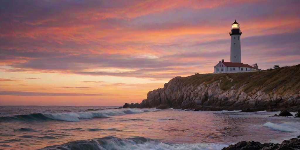 Generate an image of a tall lighthouse perched on a rocky outcrop surrounded by calm ocean waters during a breathtaking sunset. The lighthouse stands sturdy and weathered, its stone surface illuminated by the warm golden light of the setting sun. The sun's rays pass directly through the glass lantern room at the top of the lighthouse, casting a brilliant light across the scene. The sky is painted with vibrant shades of orange, pink, and purple, reflecting off the tranquil sea. The surrounding water shimmers with the same warm hues, creating a serene and majestic atmosphere.