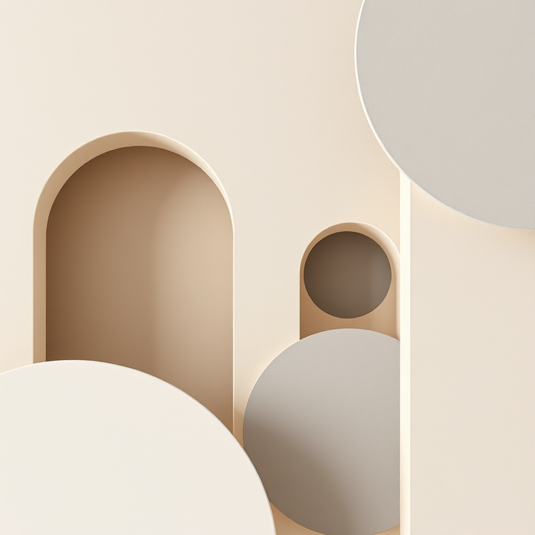 Generate a minimalist abstract design featuring beige and gray arches and circles with soft textures, captured using a DSLR camera at f/8 aperture, 50mm lens, ISO 100, shot from a top-down view for an enhanced focus on geometric shapes.