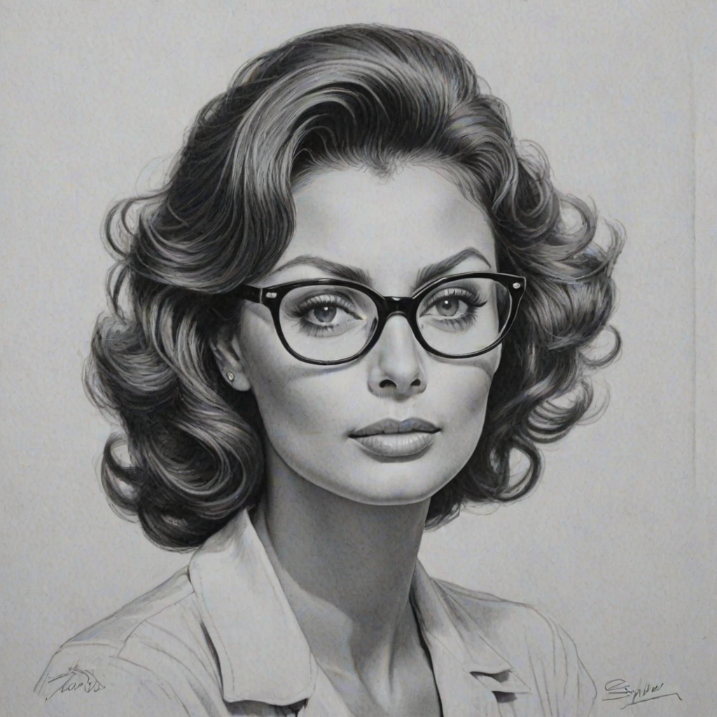Resplendent Sophia Loren, pencil sketch, portrait of Magnificent woman 1940s in glasses, hair style beatnik, outline, clear lines, fine lines, 8k